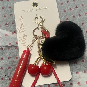 Tahari Black Faux Fur Pom Pom with Red Cherry Charm